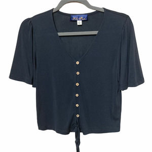 Francesca's Blue Rain V-neck Button Down Front Knot Tie Top Size Small Black